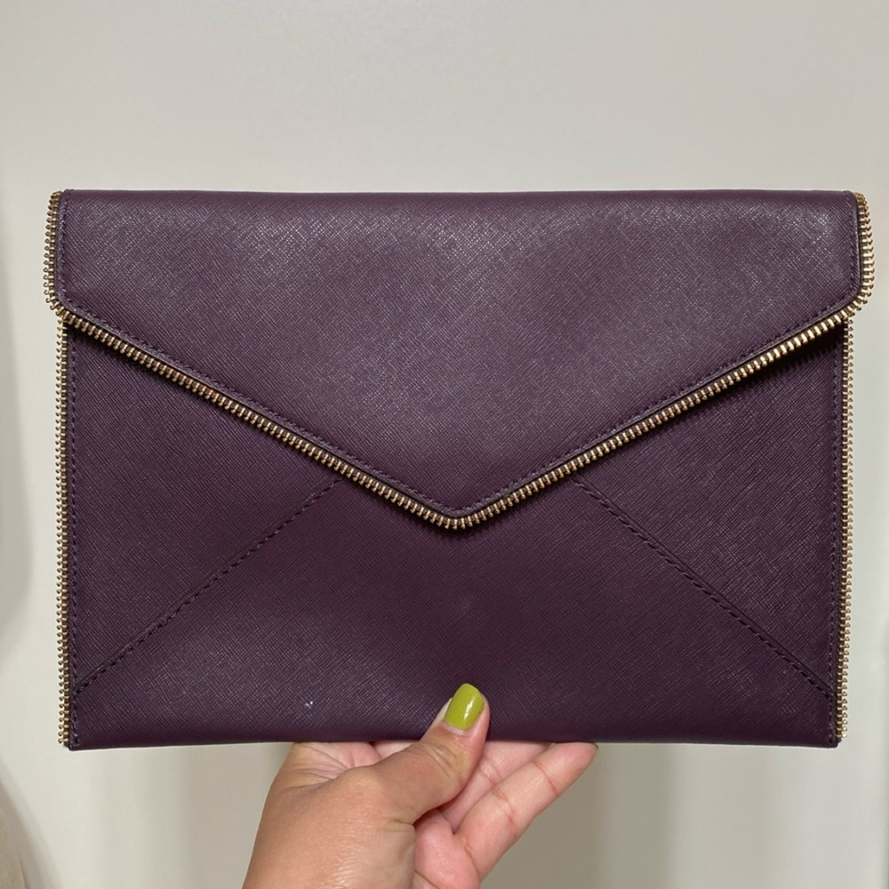 Rebecca Minkoff Leo Envelope Zipper Edge Purple Leather Clutch Purse - Picture 1 of 14